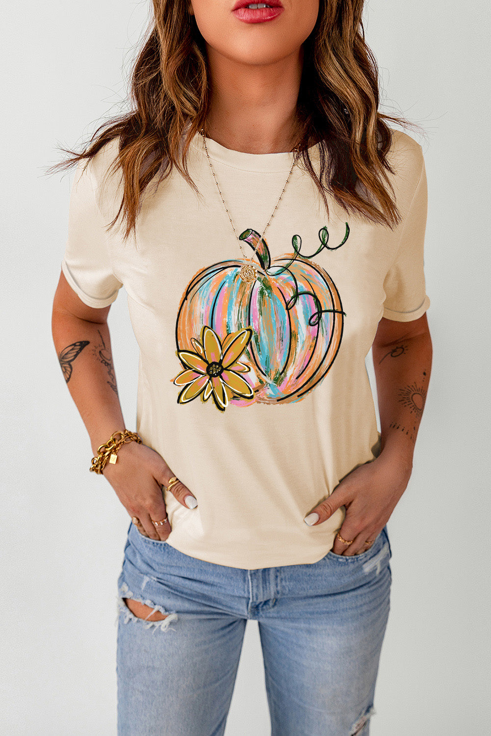 Pumpkin Graphic Round Neck T-Shirt-Jewearrings