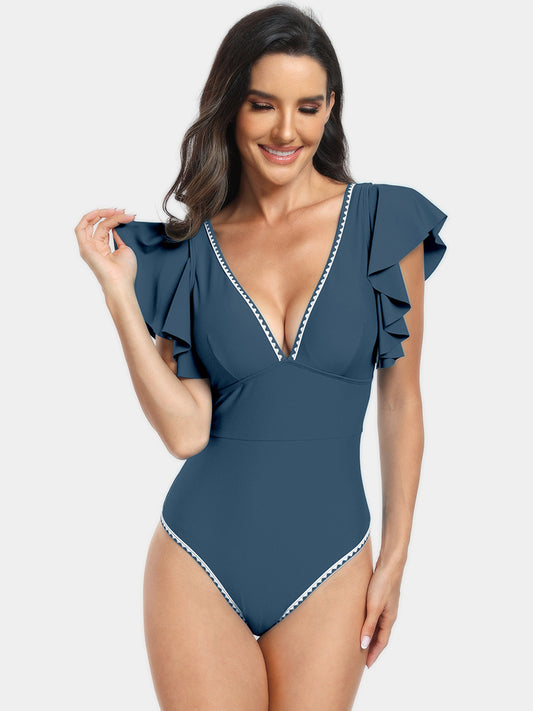 Plunge Cap Sleeve One-Piece Swimwear-Jewearrings