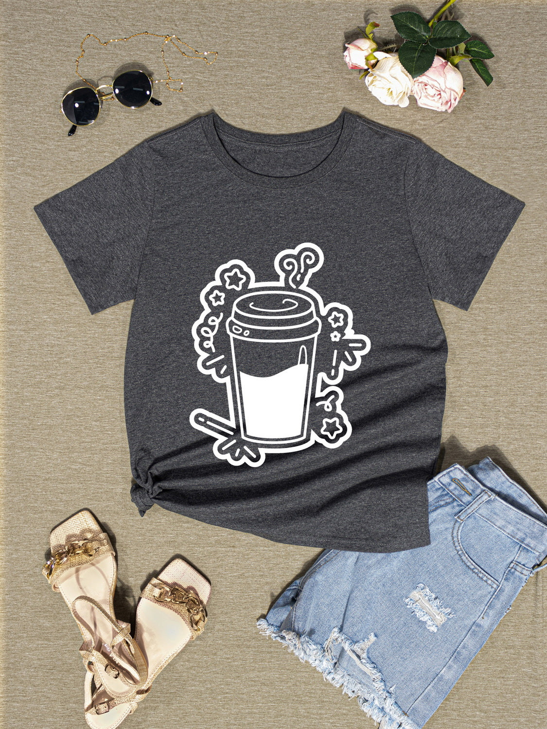 Coffee Round Neck Short Sleeve T-Shirt-Jewearrings