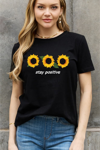 Simply Love Full Size STAY POSITIVE Sunflower Graphic Cotton Tee-Jewearrings