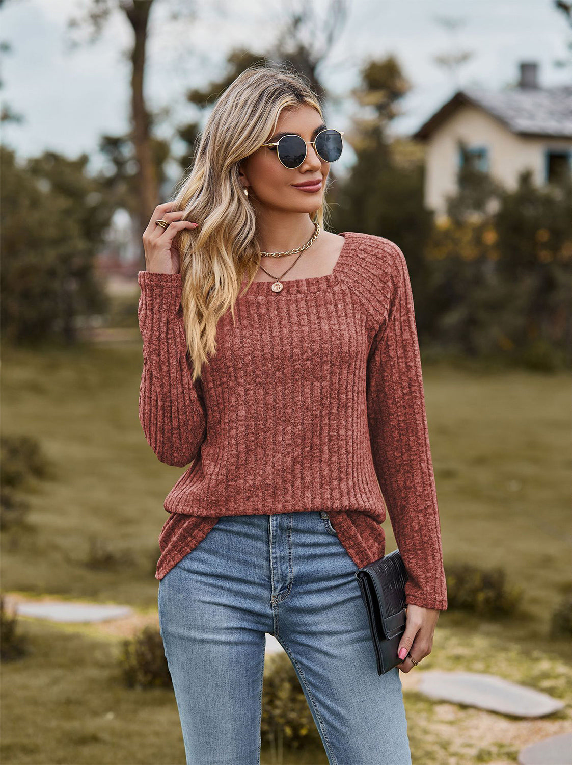 Full Size Ribbed Square Neck Long Sleeve T-Shirt-Jewearrings