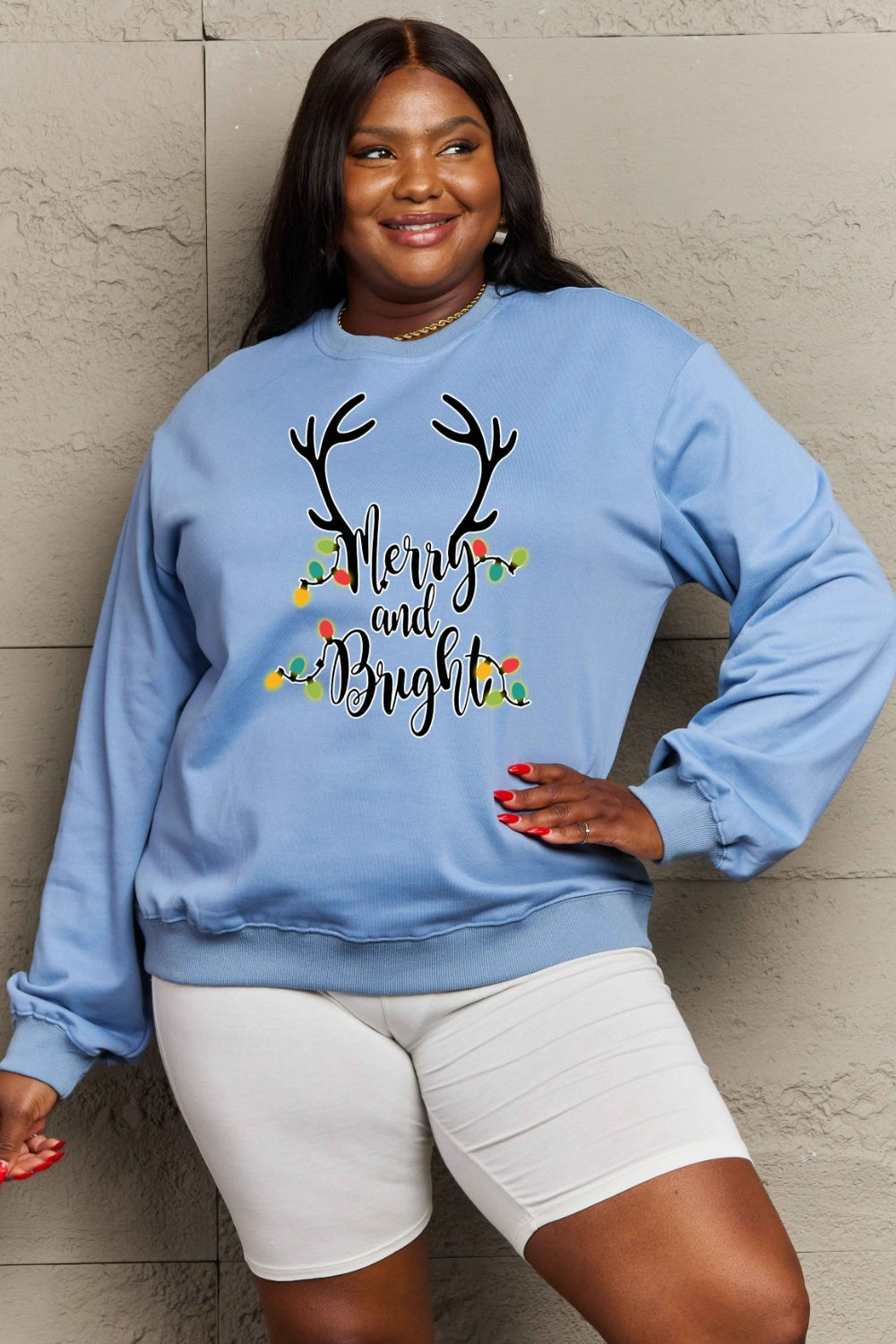 Simply Love Full Size MERRY AND BRIGHT Graphic Sweatshirt-Jewearrings