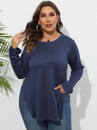 Plus Size Round Neck Long Sleeve Slit T-Shirt-Jewearrings