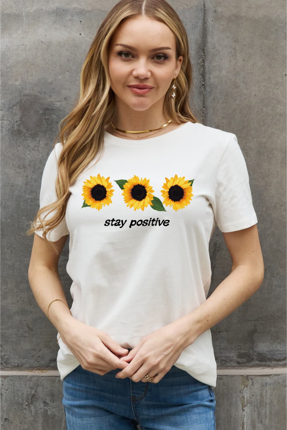 Simply Love Full Size STAY POSITIVE Sunflower Graphic Cotton Tee-Jewearrings