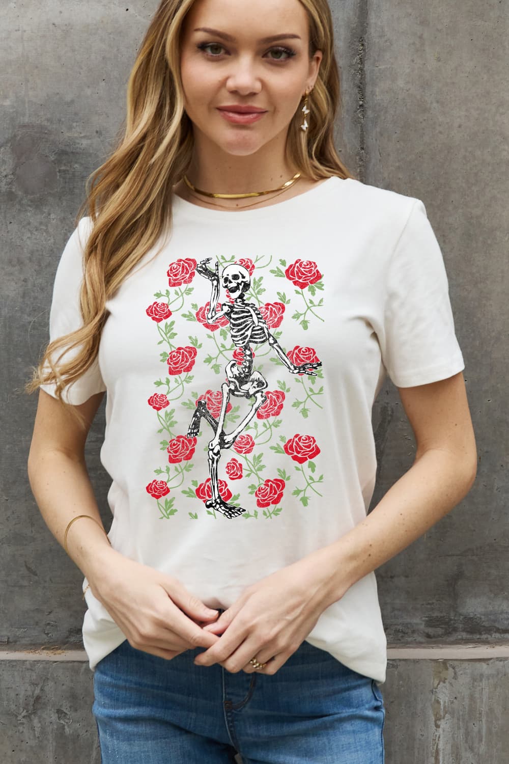 Simply Love Full Size Skeleton & Rose Graphic Cotton Tee-Jewearrings