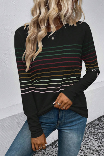 Striped Round Neck Long Sleeve T-Shirt-Jewearrings