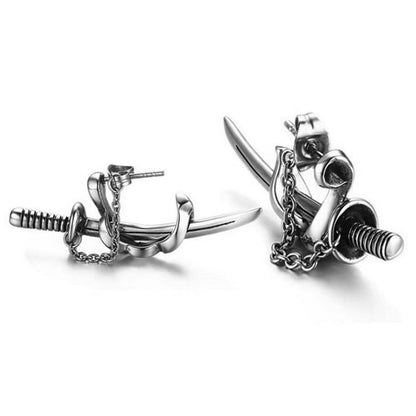 Trendy Fashion Hip Hop Punk Men's Cross Sword Chain Stud Earrings-Jewearrings