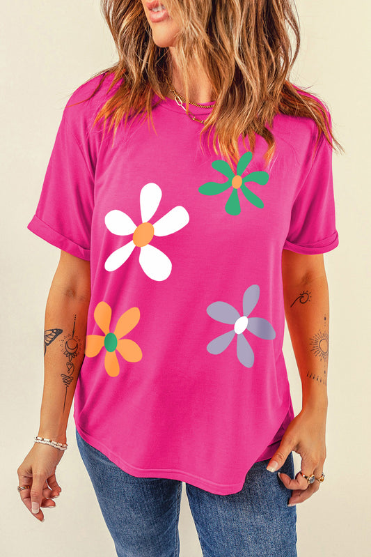 Flower Round Neck Short Sleeve T-Shirt-Jewearrings