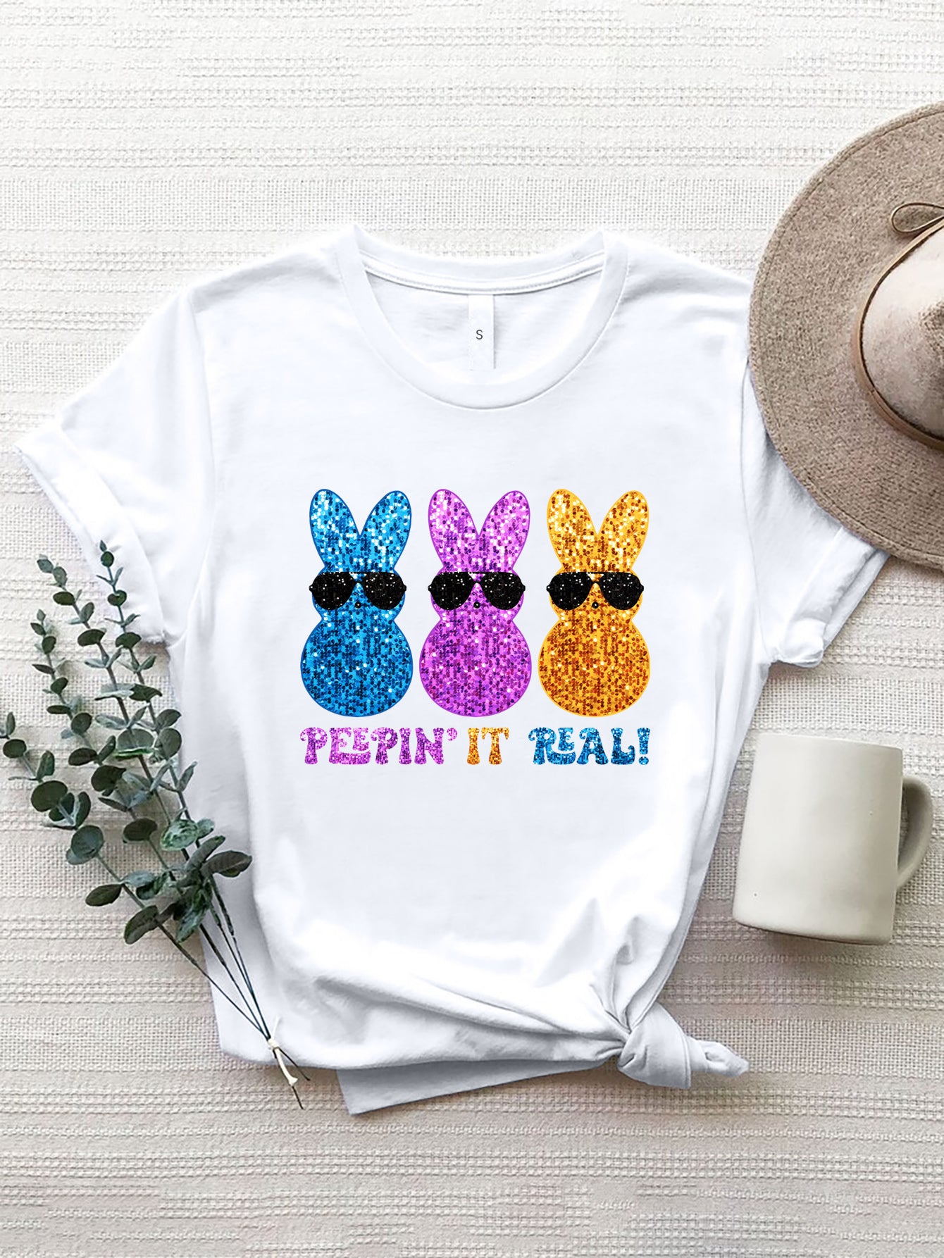 Sequin Rabbit Round Neck Short Sleeve T-Shirt-Jewearrings