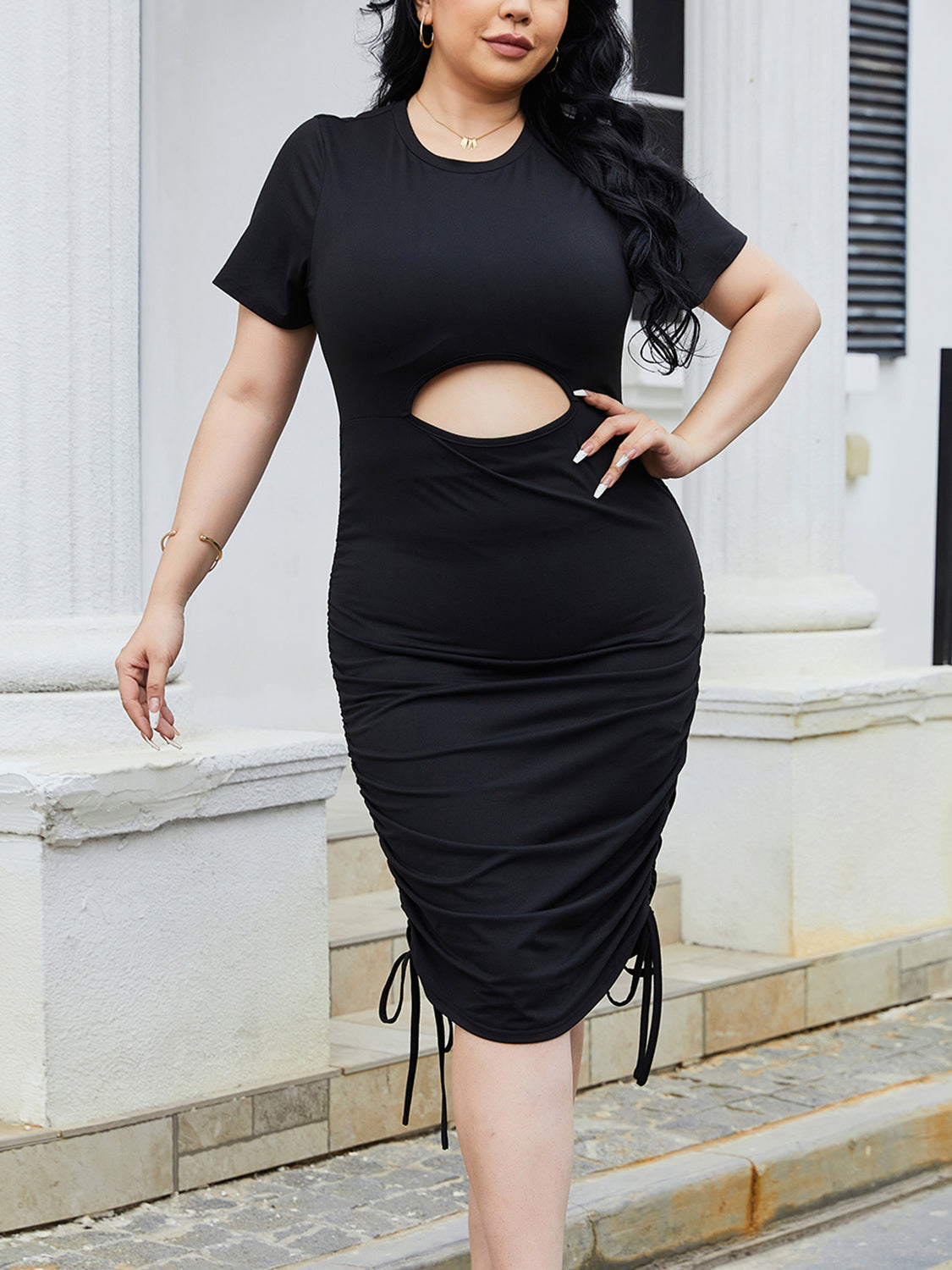 Plus Size Cutout Ruched Round Neck Short Sleeve Dress-Jewearrings