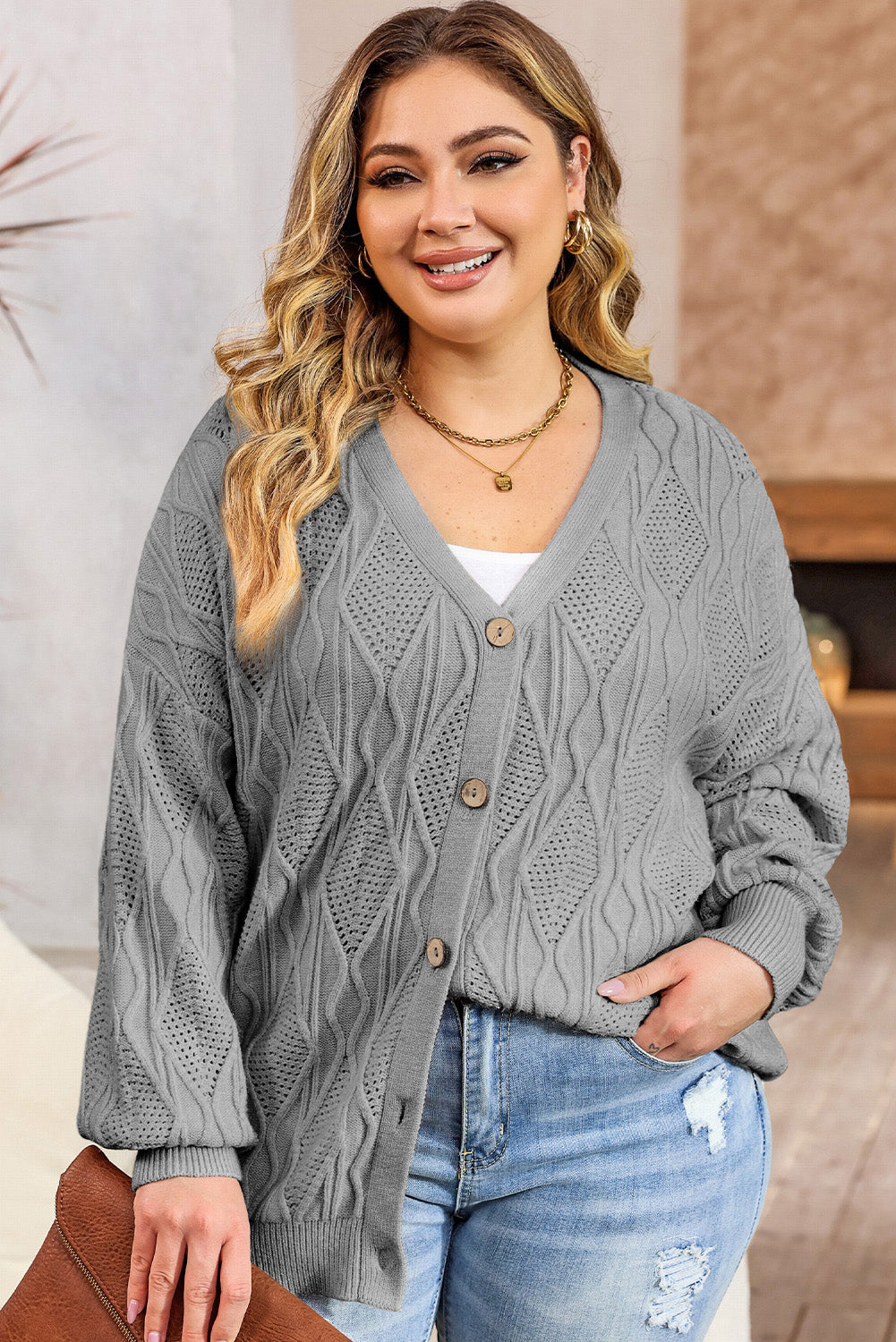 Plus Size Cable-Knit Button Up Sweater-Jewearrings