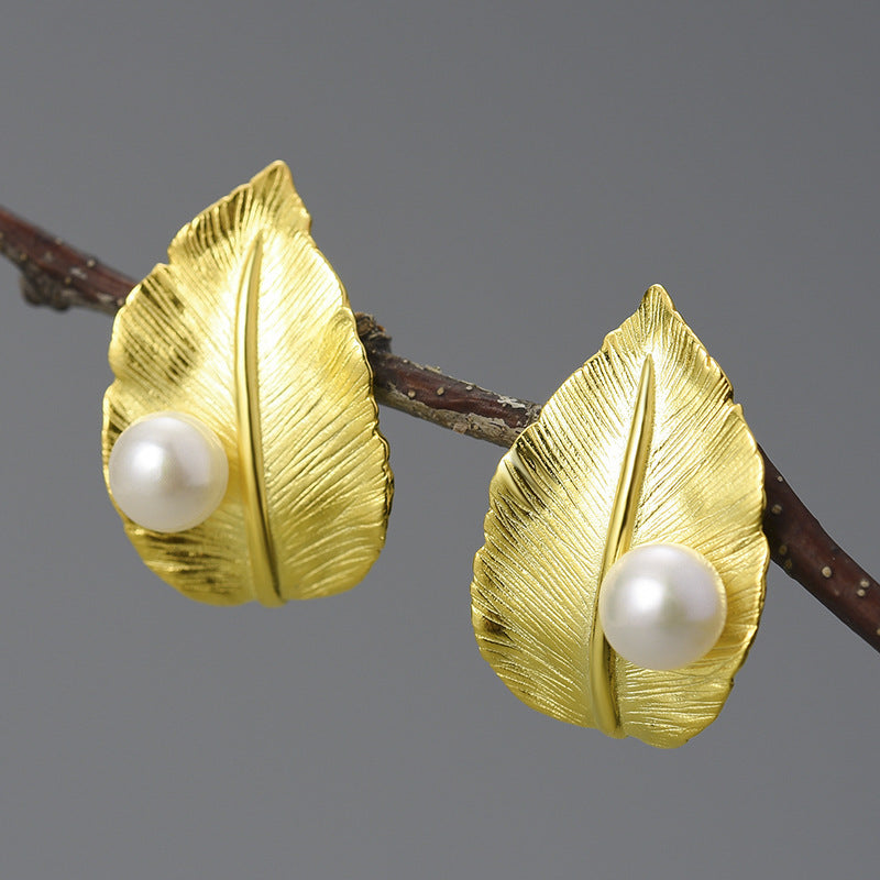 Sterling Silver Leaf Pearl Earrings-Jewearrings