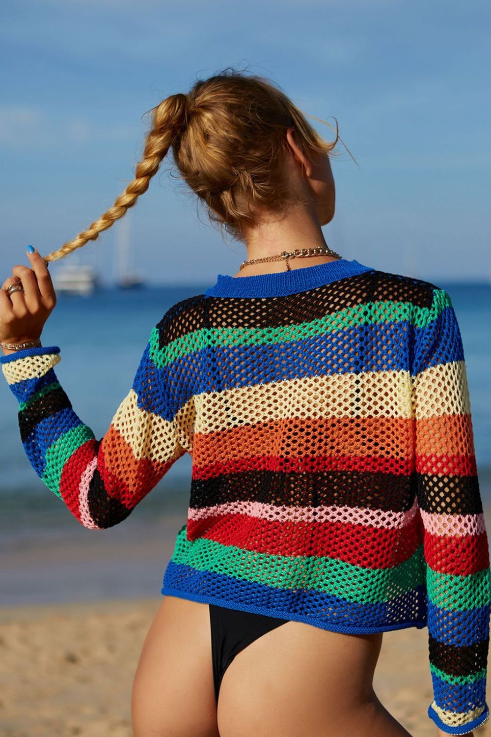 Rainbow Stripe Openwork Long Sleeve Cover-Up-Jewearrings