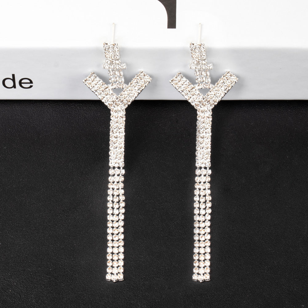 Fashion Jewelry 925 Silver Needle Ornaments Rhinestone Letter B Earrings Banquet Tassel Ear Ornaments Female-Jewearrings