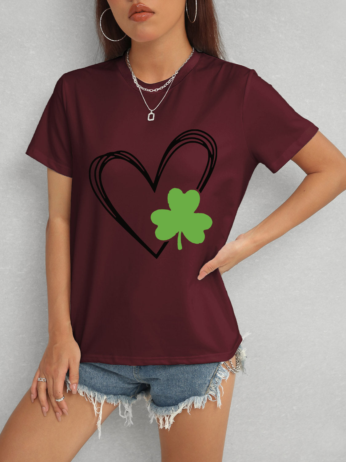 Heart Lucky Clover Short Sleeve T-Shirt-Jewearrings