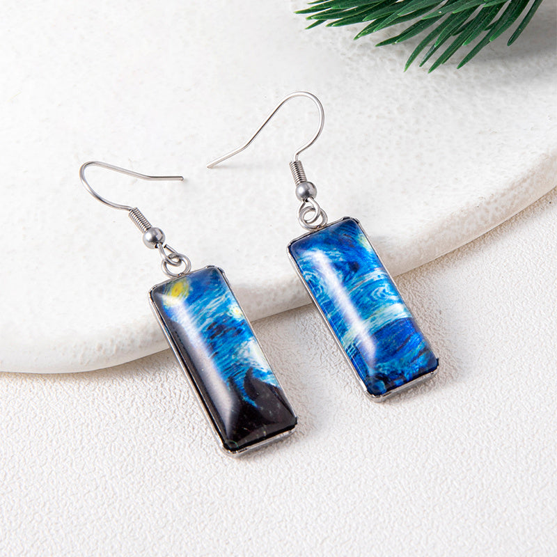 Van Gogh Painting Starry Glass Earrings Vintage Square Stainless Steel Dangle Earrings-Jewearrings