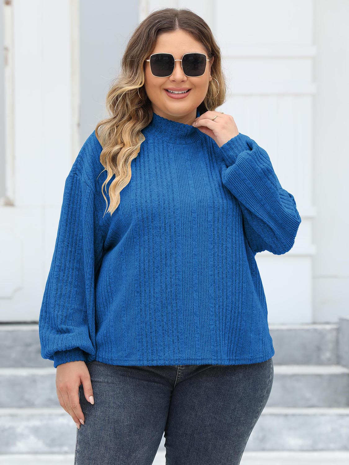 Plus Size Mock Neck Long Sleeve Knit Top-Jewearrings