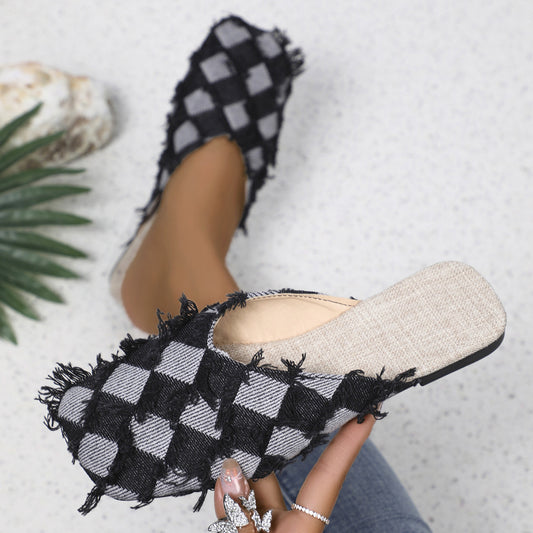 Plaid Square Toe Flat Slippers-Jewearrings