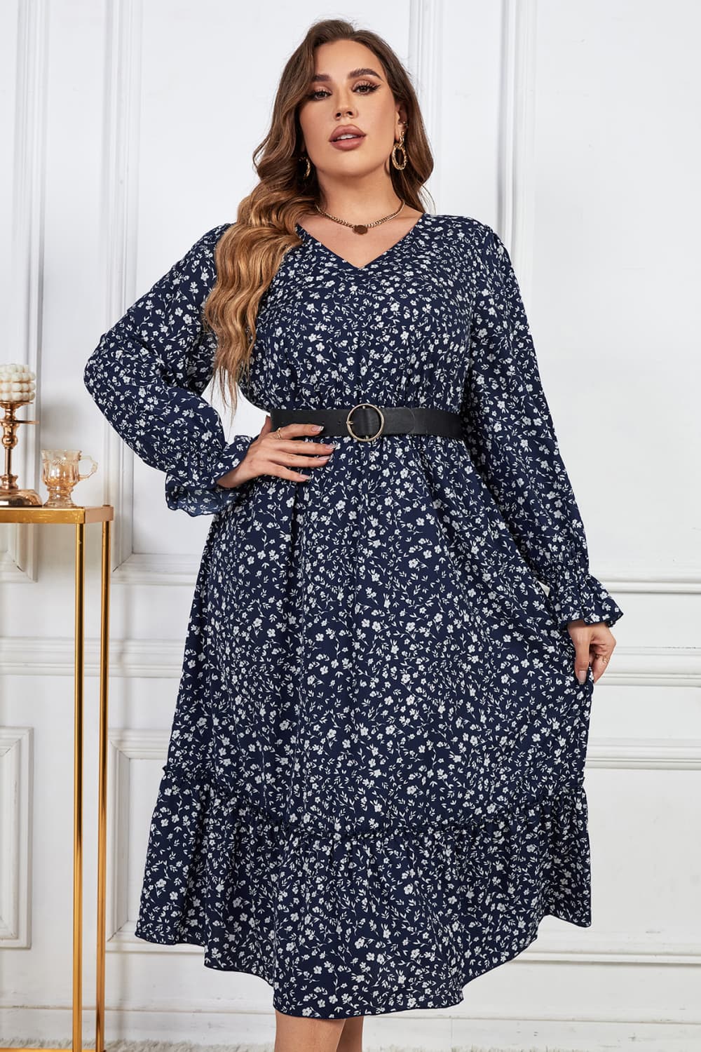 Melo Apparel Plus Size Floral Print V-Neck Flounce Sleeve Midi Dress-Jewearrings