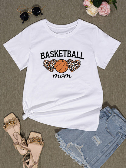 BASKETBALL MOM Round Neck Short Sleeve T-Shirt-Jewearrings