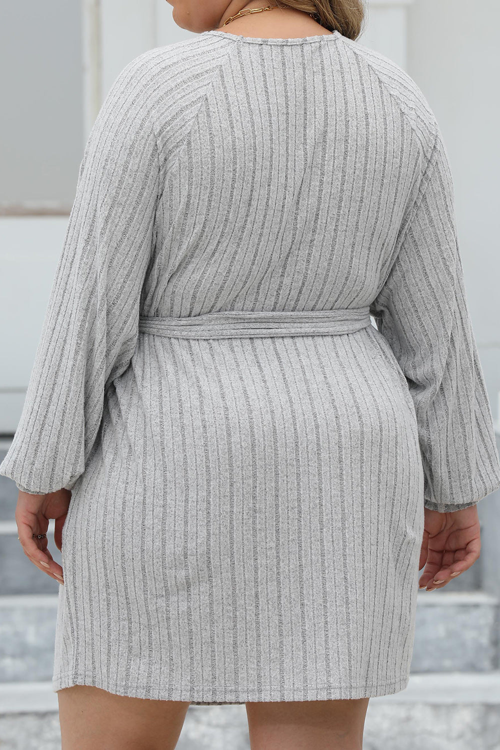 Plus Size Ribbed Tie Front Long Sleeve Sweater Dress-Jewearrings