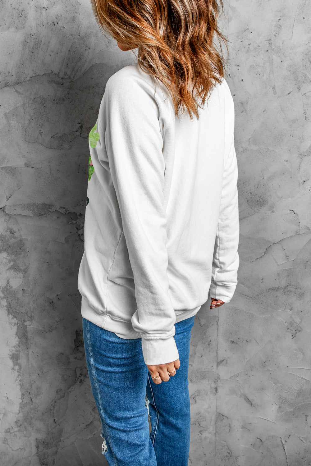 Lucky Clover Round Neck Dropped Shoulder Sweatshirt-Jewearrings