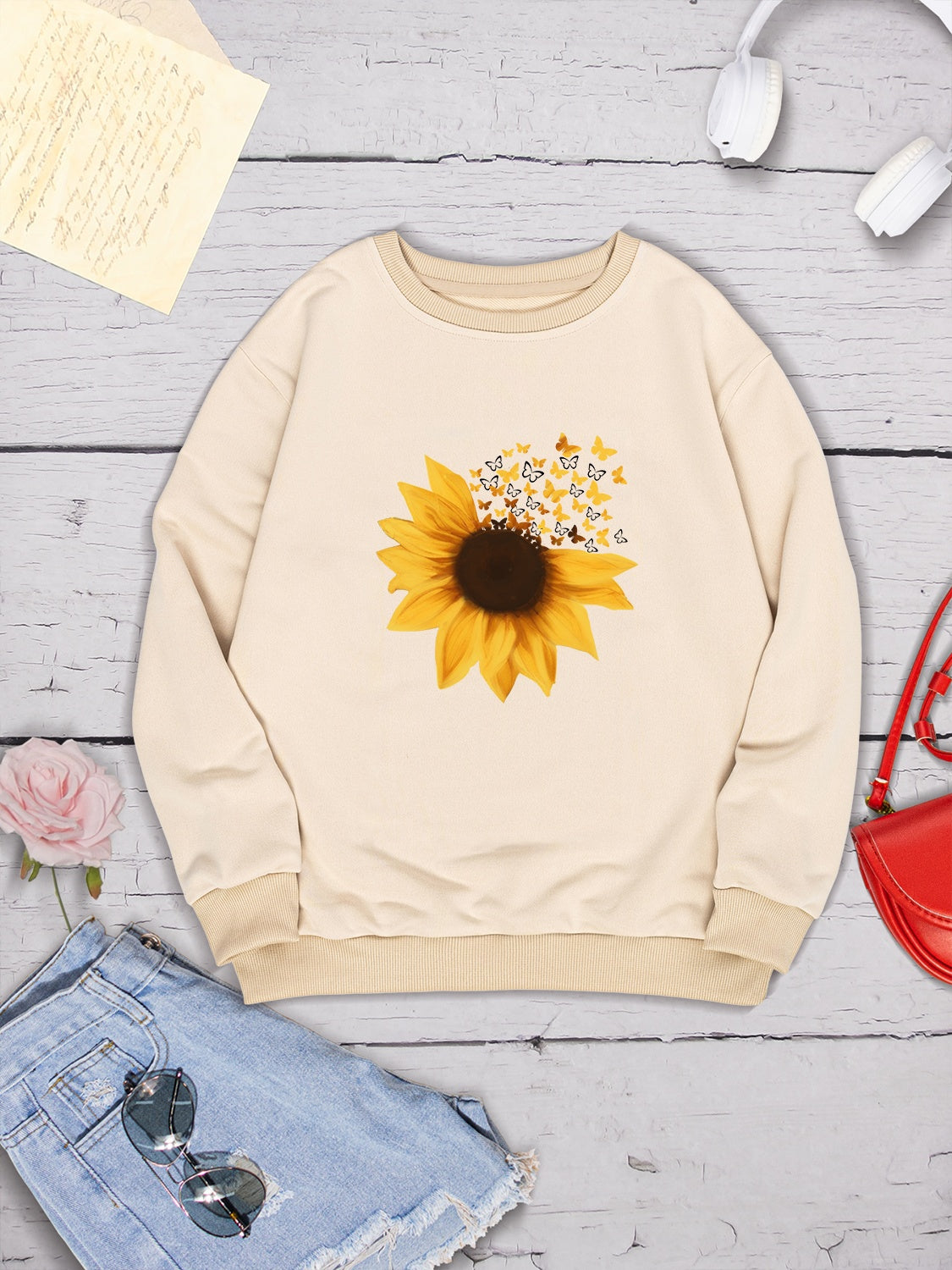 Sunflower Round Neck Dropped Shoulder Sweatshirt-Jewearrings