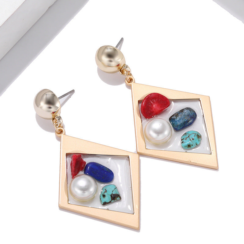 Trendy Creative Transparent Resin Inlaid Pearl Colored Stone Earrings-Jewearrings