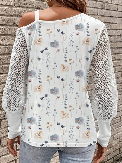 Printed Asymmetrical Neck Lantern Sleeve T-Shirt-Jewearrings