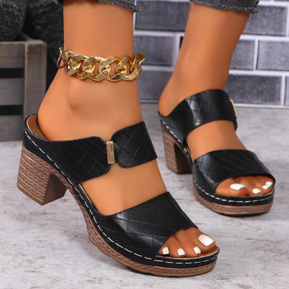 PU Leather Block Heel Sandals-Jewearrings