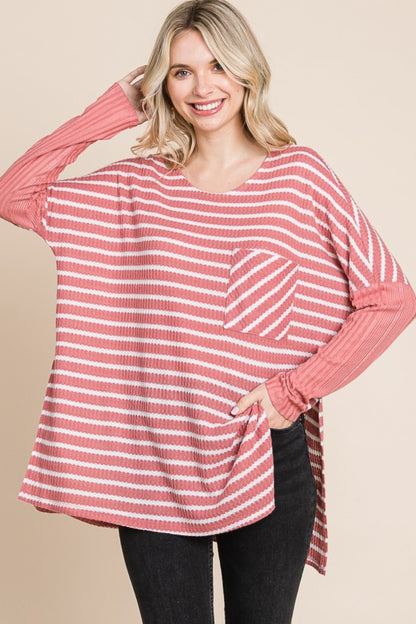 Culture Code Oversize Striped Round Neck Long Sleeve Slit T-Shirt-Jewearrings