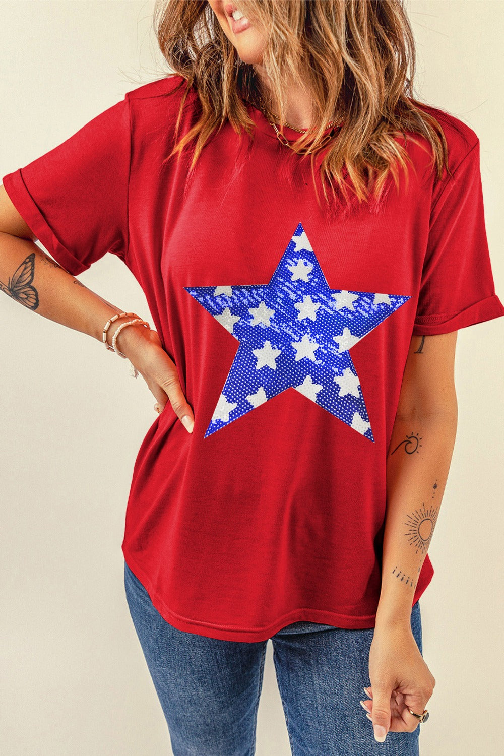 Sequin Star Round Neck Short Sleeve T-Shirt-Jewearrings