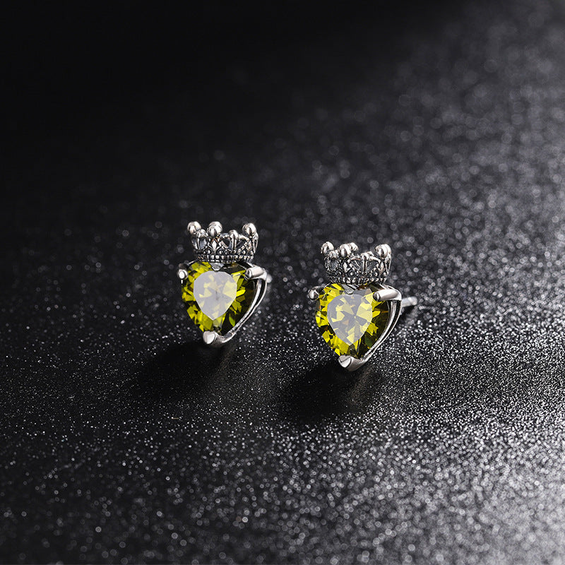 S925 Sterling Silver Minority Retro Simple Olive Green Zircon Crown Earrings-Jewearrings