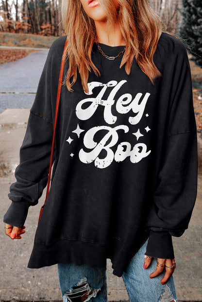 HEY BOO Graphic Round Neck Sweatshirt-Jewearrings