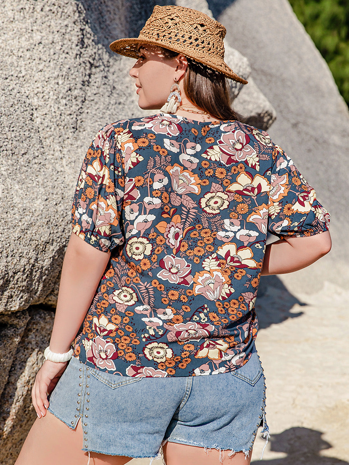 Plus Size Printed Notched Half Sleeve Blouse-Jewearrings