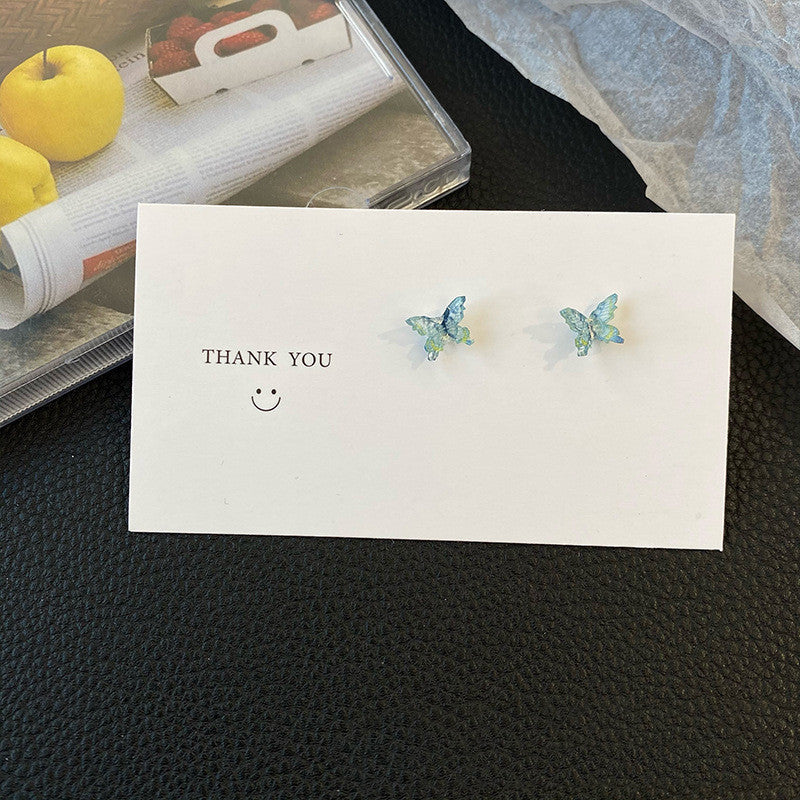 925 Silver Needle Three-dimensional Gradient Colorized Butterfly Stud Earrings Women's Simple-Jewearrings