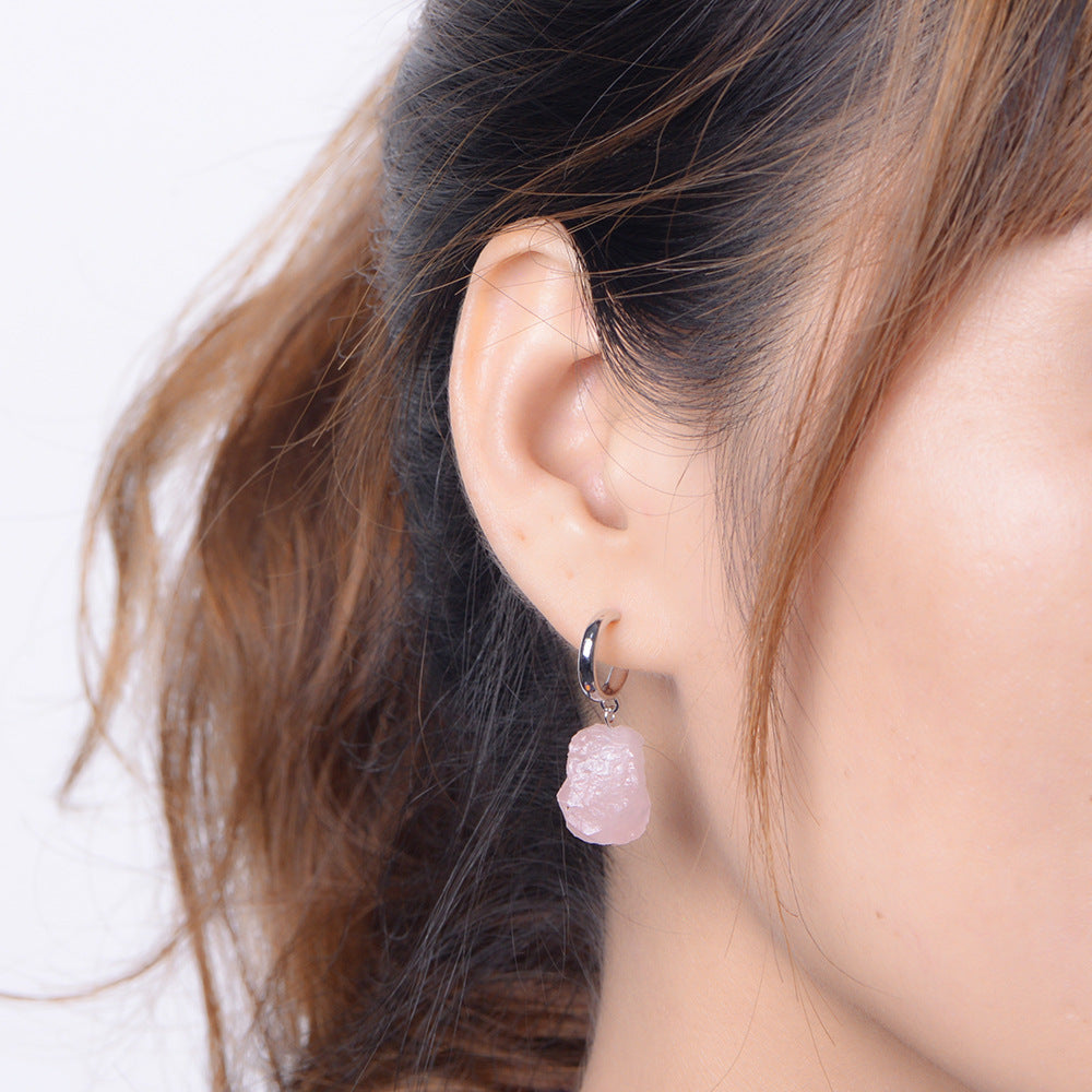 Sterling Silver Irregular Natural Stone Powder Crystal Earrings-Jewearrings