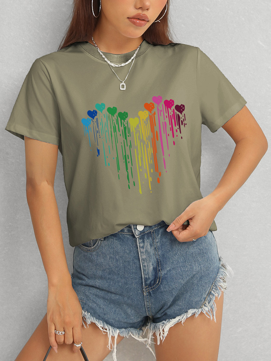 Heart Round Neck Short Sleeve T-Shirt-Jewearrings