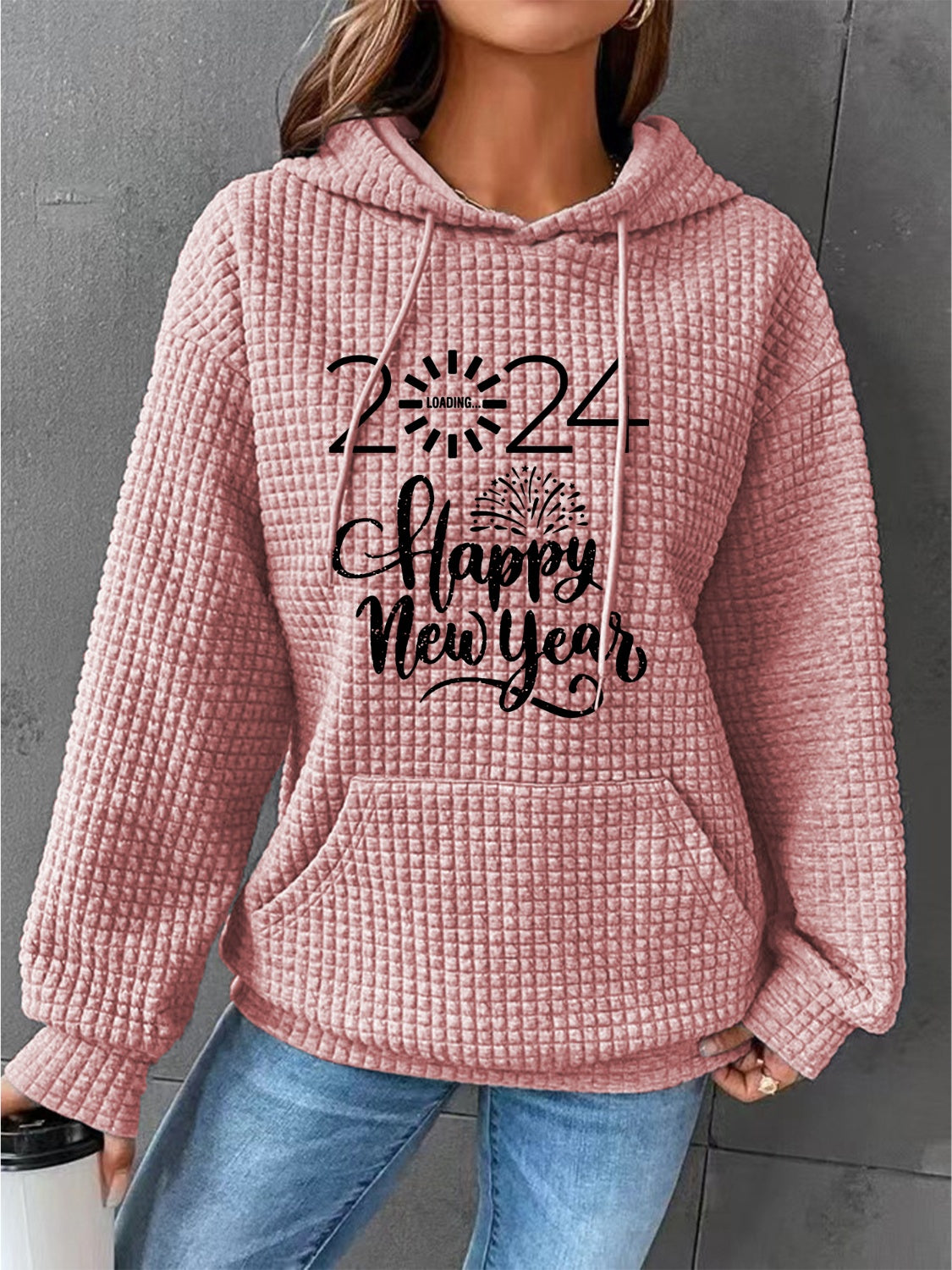 Full Size 2024 HAPPY NEW YEAR Waffle-Knit Hoodie-Jewearrings