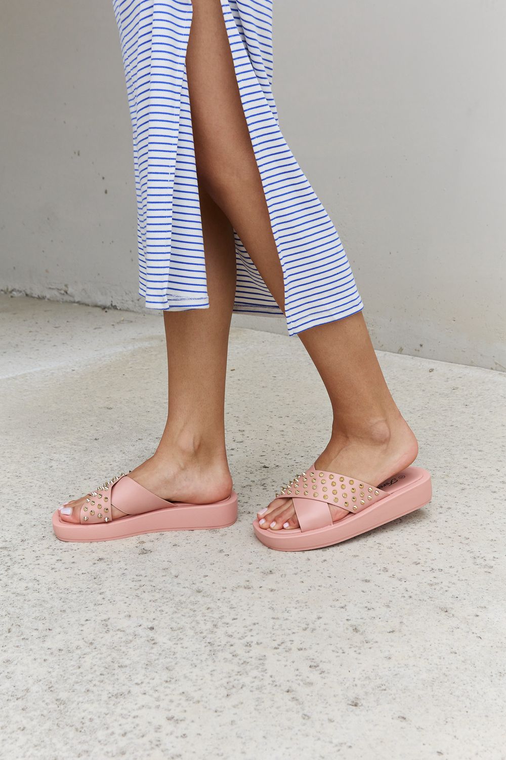 Forever Link Studded Cross Strap Sandals in Blush-Jewearrings