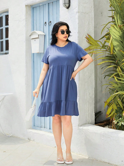 Plus Size Round Neck Short Sleeve Dress-Jewearrings