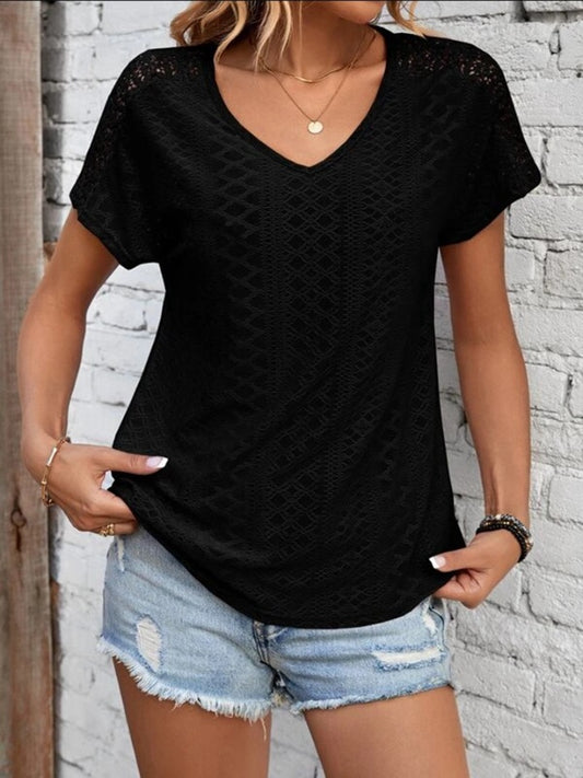 Eyelet V-Neck Short Sleeve T-Shirt-Jewearrings