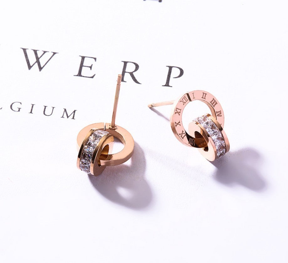 Stainless Steel Rose Gold Double Ring Stud Earrings-Jewearrings