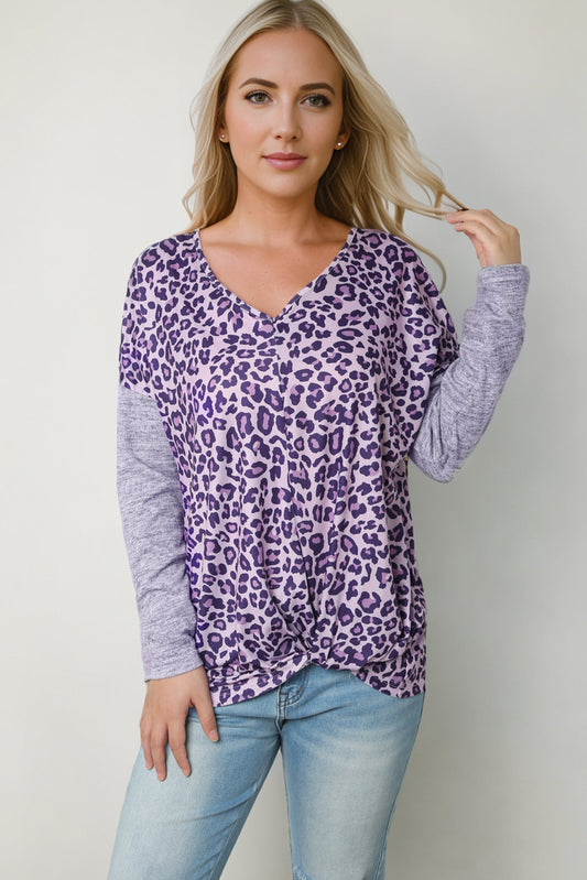 Leopard V-Neck Long Sleeve T-Shirt-Jewearrings