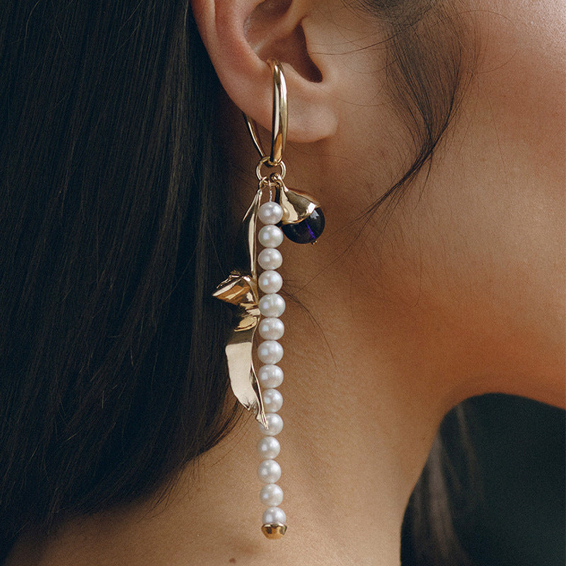 Natural Pearl Earrings Female Tassel Ear Clip-Jewearrings