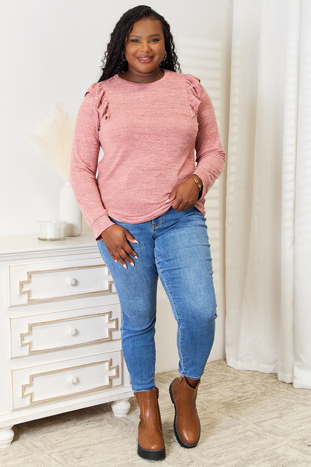 Double Take Ruffle Shoulder Long Sleeve T-Shirt-Jewearrings