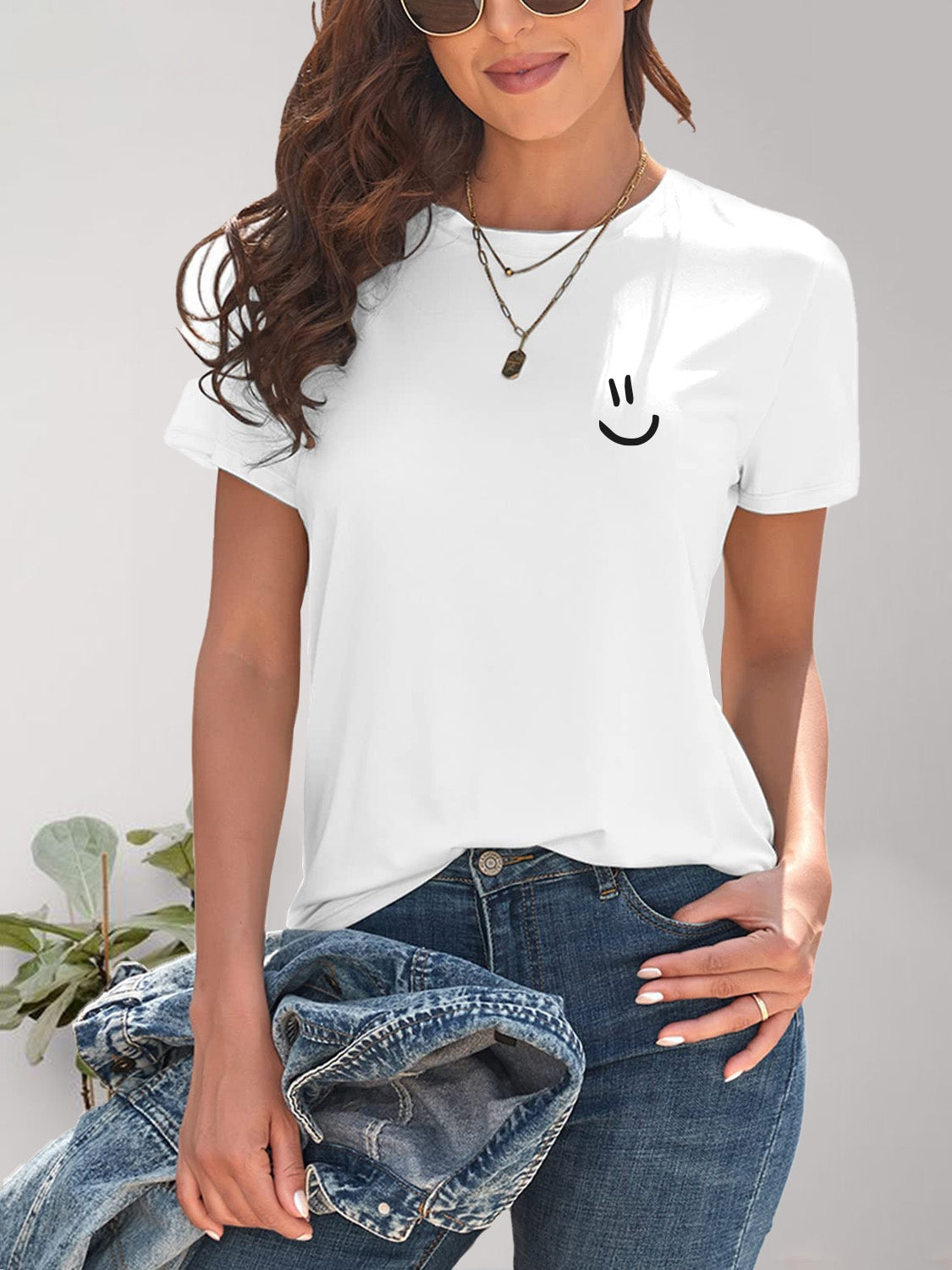 Smile Graphic Round Neck Short Sleeve T-Shirt-Jewearrings