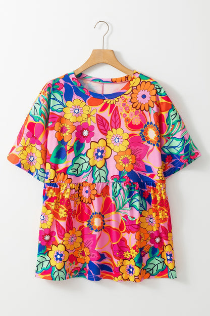 Plus Size Printed Round Neck Short Sleeve Top-Jewearrings