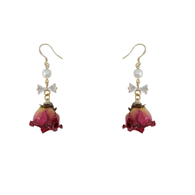 Silver Needle Vintage Hong Kong Air-dried Rose Earrings-Jewearrings