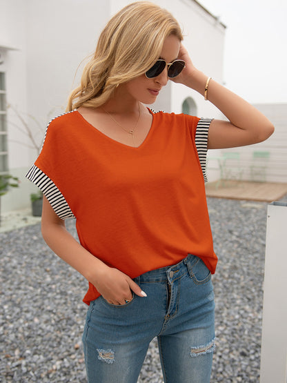 Striped V-Neck Short Sleeve T-Shirt-Jewearrings